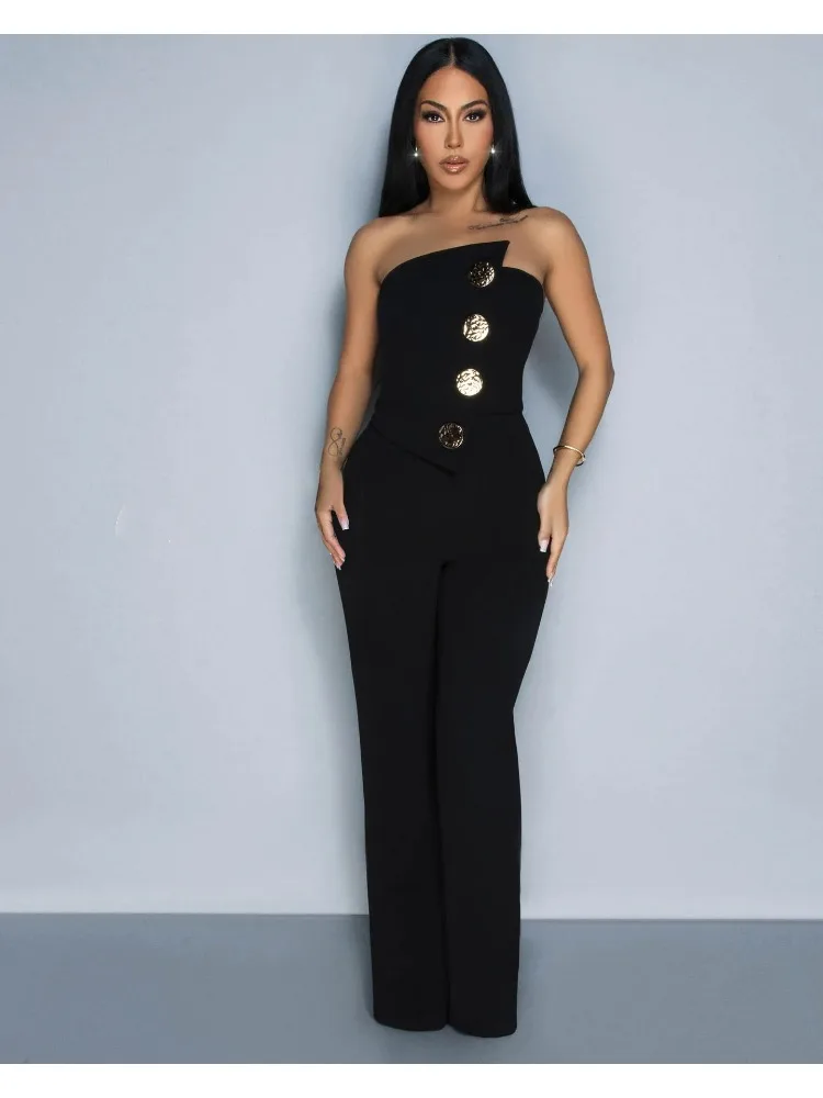 Luxury Women Summer Button Patchwork Jumpsuits Chic Party Vacation Sleeveless Playsuits Wide-legged Pants Office Lady Bodysuits
