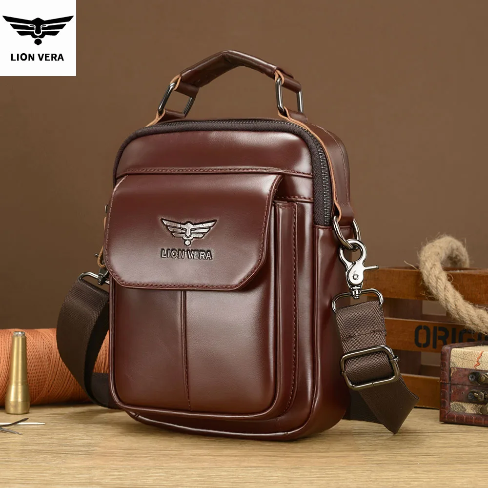 LION VERA Men's Genuine Leather Shoulder Bag Multifunctional 7.6-inch Tablet Handbag Retro Casual Crossbody Bag Cowhide
