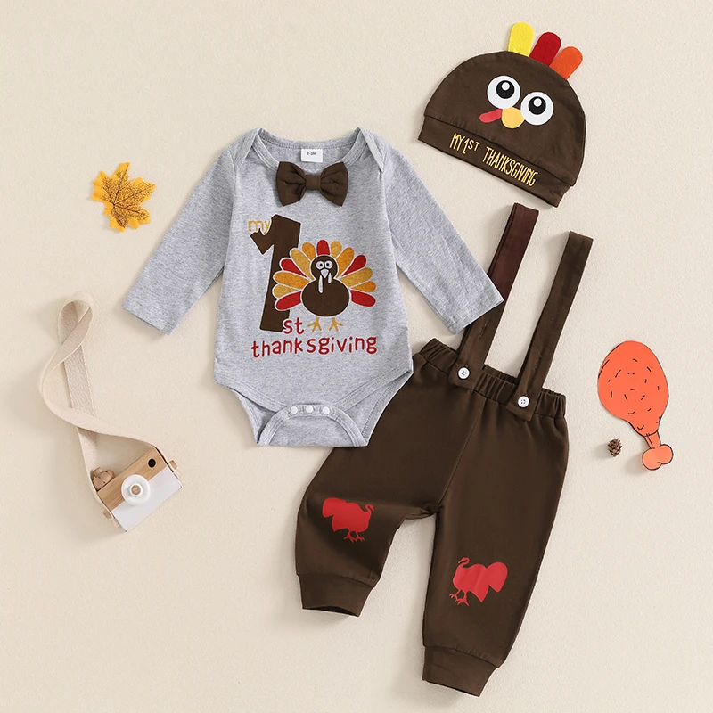 Baby Boy First Thanksgiving Outfit Turkey Print Long Sleeve Romper Suspender Pants Hat 3 Piece Set for Fall