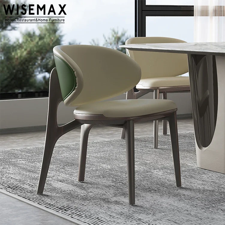 WISEMAX FURNITURE Italian Dining Room Furniture Pu Leather Curved Backrest Solid Wood Base Hotel Restaurant Dining Chair