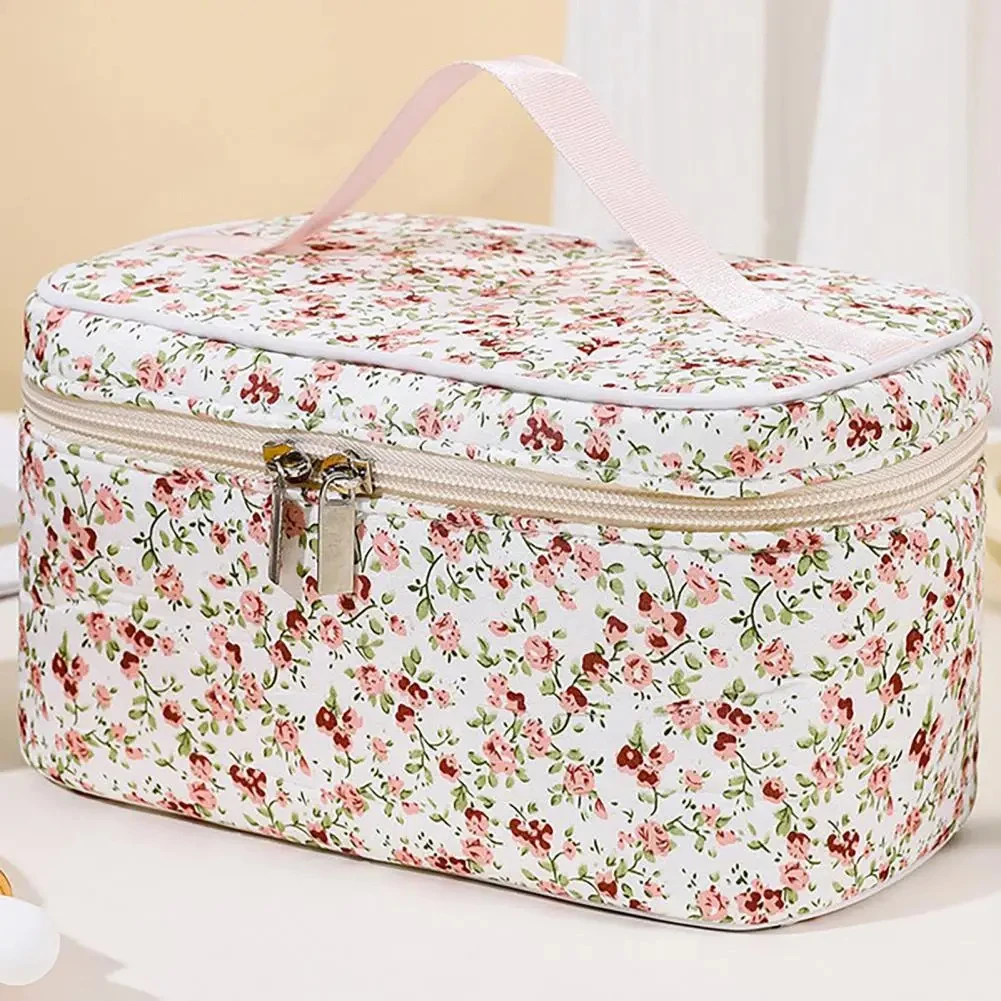 Cotton Cosmetic Pouch Floral Pattern Capacity Cosmetic Bag Dual Zipper Makeup Organizer Portable Travel Storage Wash Bag