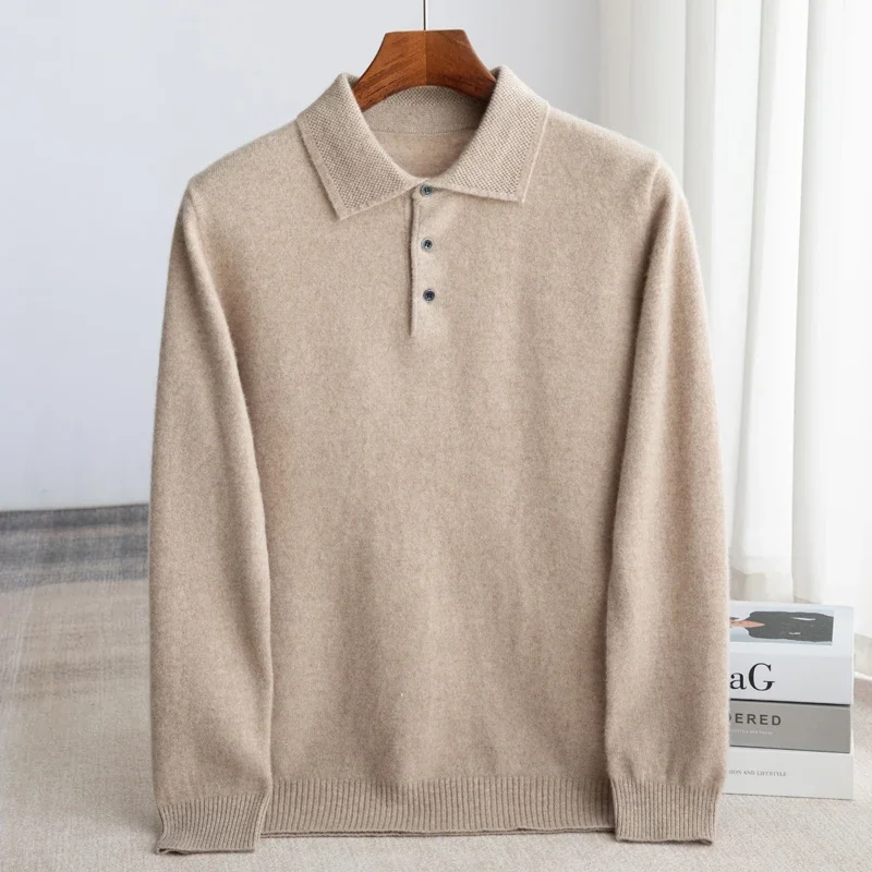 100% Australian wool men's lapel pullover long sleeved polo collar sweater loose top business casual knit base sweater