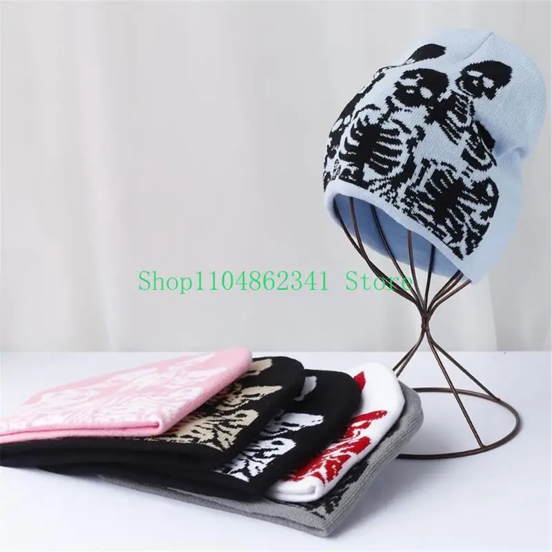 652F Scary Skull Hat for Women Teens Popular Knitted Hat Fashion Punk Hiphop Hat Western Crochet Hat Unisex Headpiece