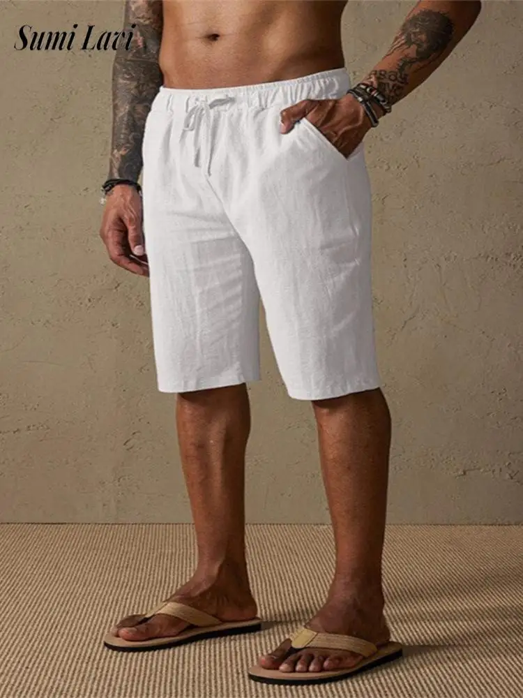 

Vintage Mens Solid Color Loose Linen Shorts Summer Outdoor Casual Drawstring Straight Shorts Men Daily Leisure Breathable Shorts