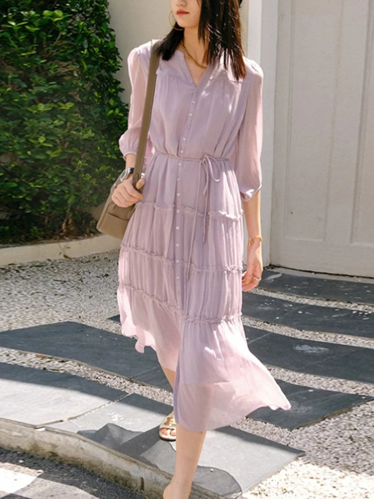 Ele Light Purple irt Dr V-Ne f Sve Waist-Cinching Tea Break Dr Women Summer Gentle Sle OL Commute Pure ...