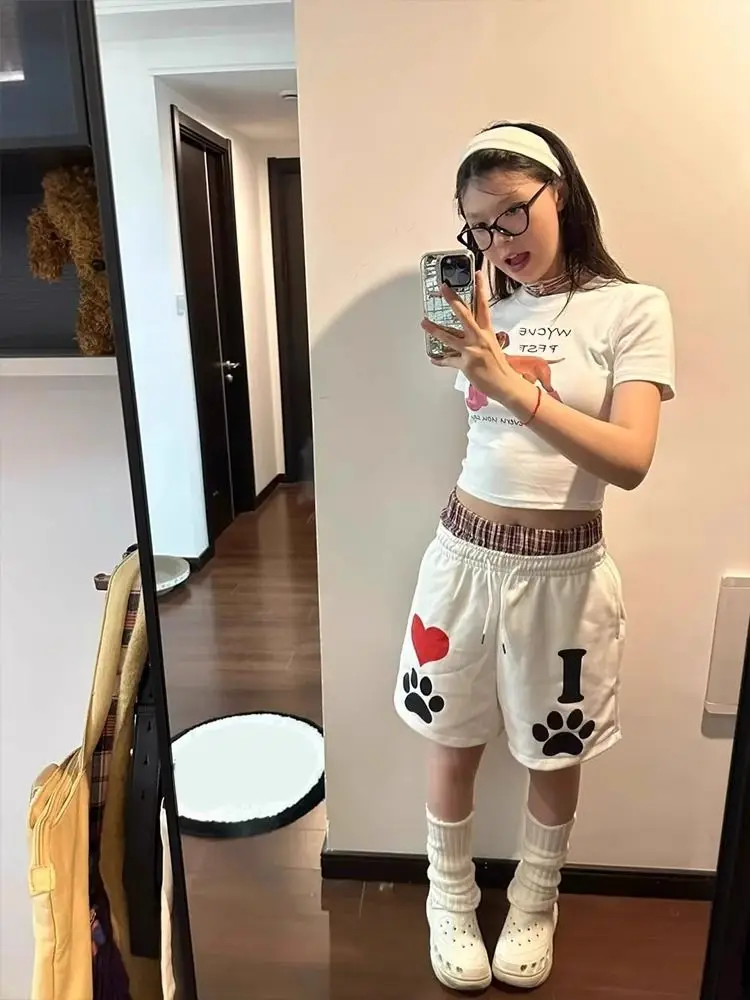 HOUZHOU Kawaii Japanese Style Shorts Women Print White Sports Short Pants Preppy Style Sweet Patchwork Casual Wide Leg Shorts