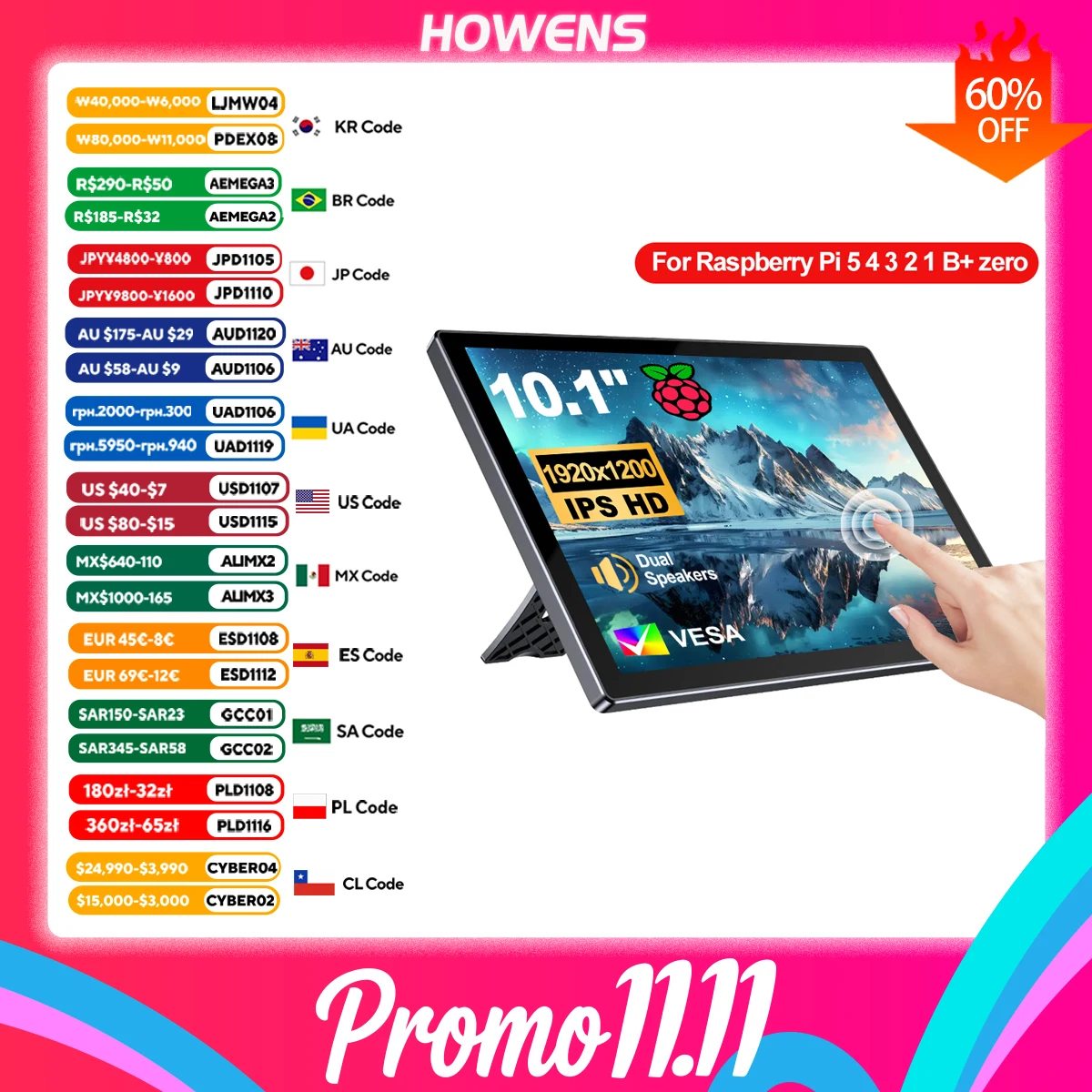 8/10.1inch Portable Monitor 1920x1200 IPS LCD Touchscreen Raspberry Pi Case Dual Speakers for Raspberry Pi 5 4 3 2 1 Laptop PC