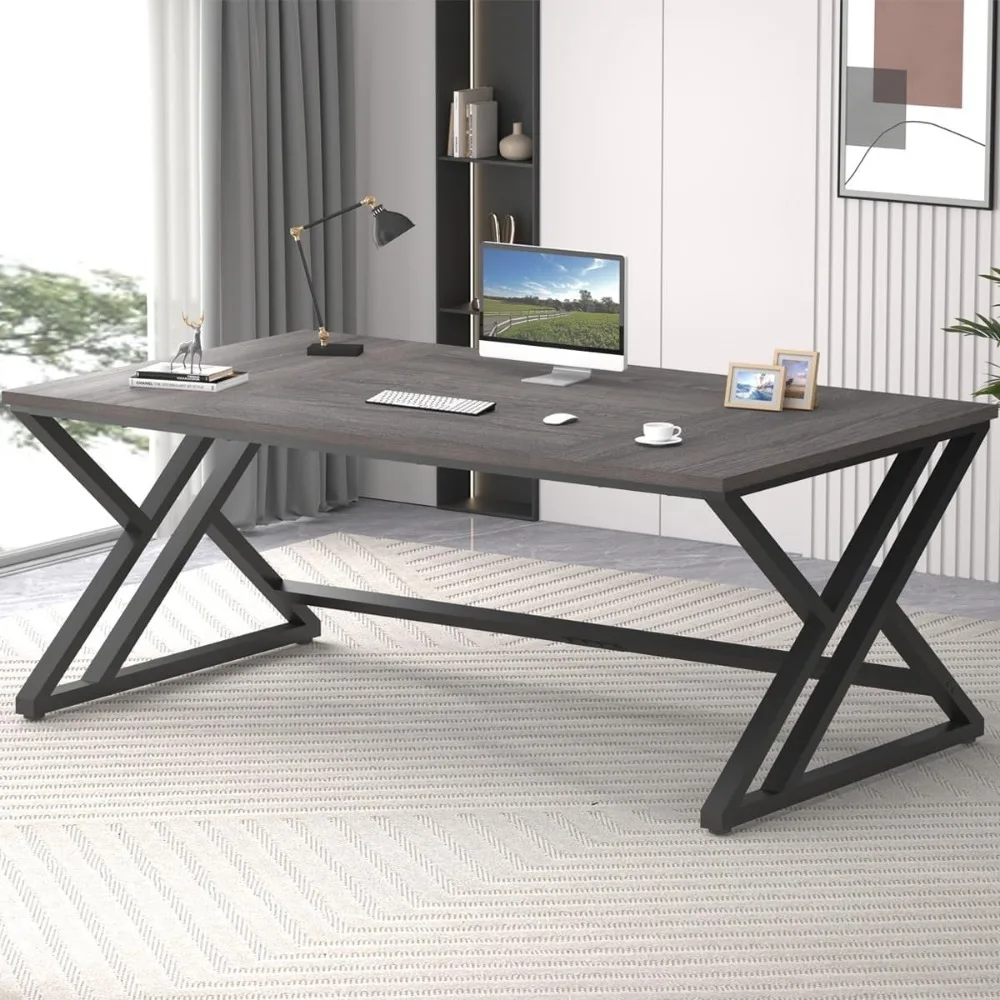 

Long Rustic Computer Desk, Industrial Large Wood Metal Office Desk, Modern Pc Study Gaming Writing Table for Two Person