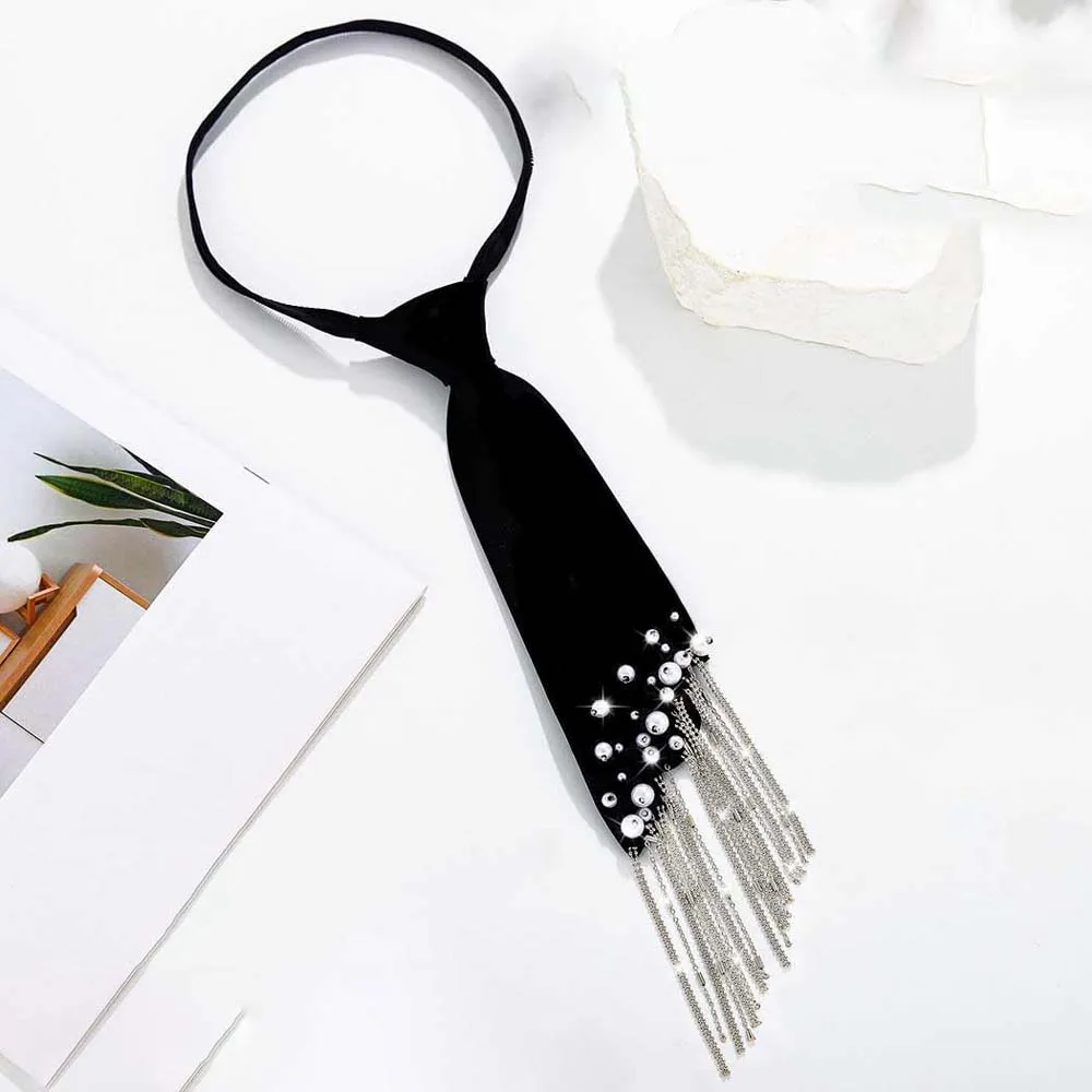 Korean Style Pearls Tie Black Tassels Hand-beaded Long Necktie Academic Style Geometric Decoration Shirt Tie Performance