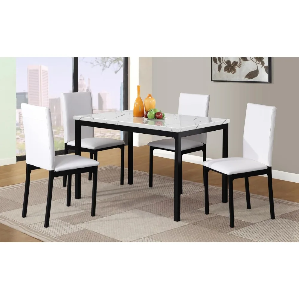 

5 Piece Citico Metal Dinette Set with Laminated Faux Marble Top, White Table with White Chairs