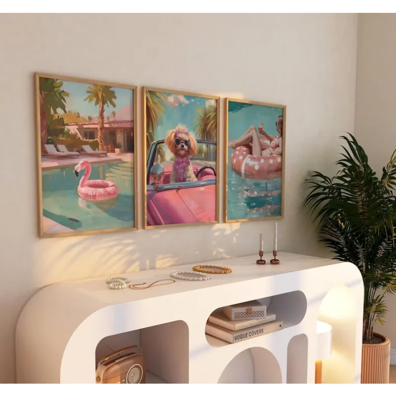 Vintage Girly Summer Pool Party Poster Palm Beachy Pink Turquoise Coastal Canvas  Wall Art for Living Room Home Decor view 2