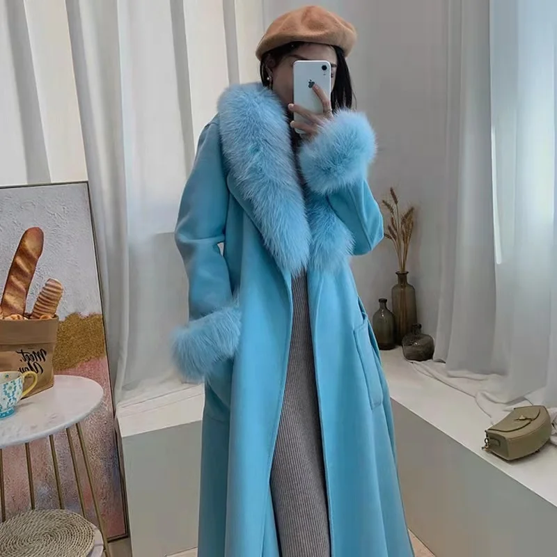 wool  coat  2022   Fashion   women  handmade  double   wool  coat    Fashion  fox  fur  collar  wool  coat