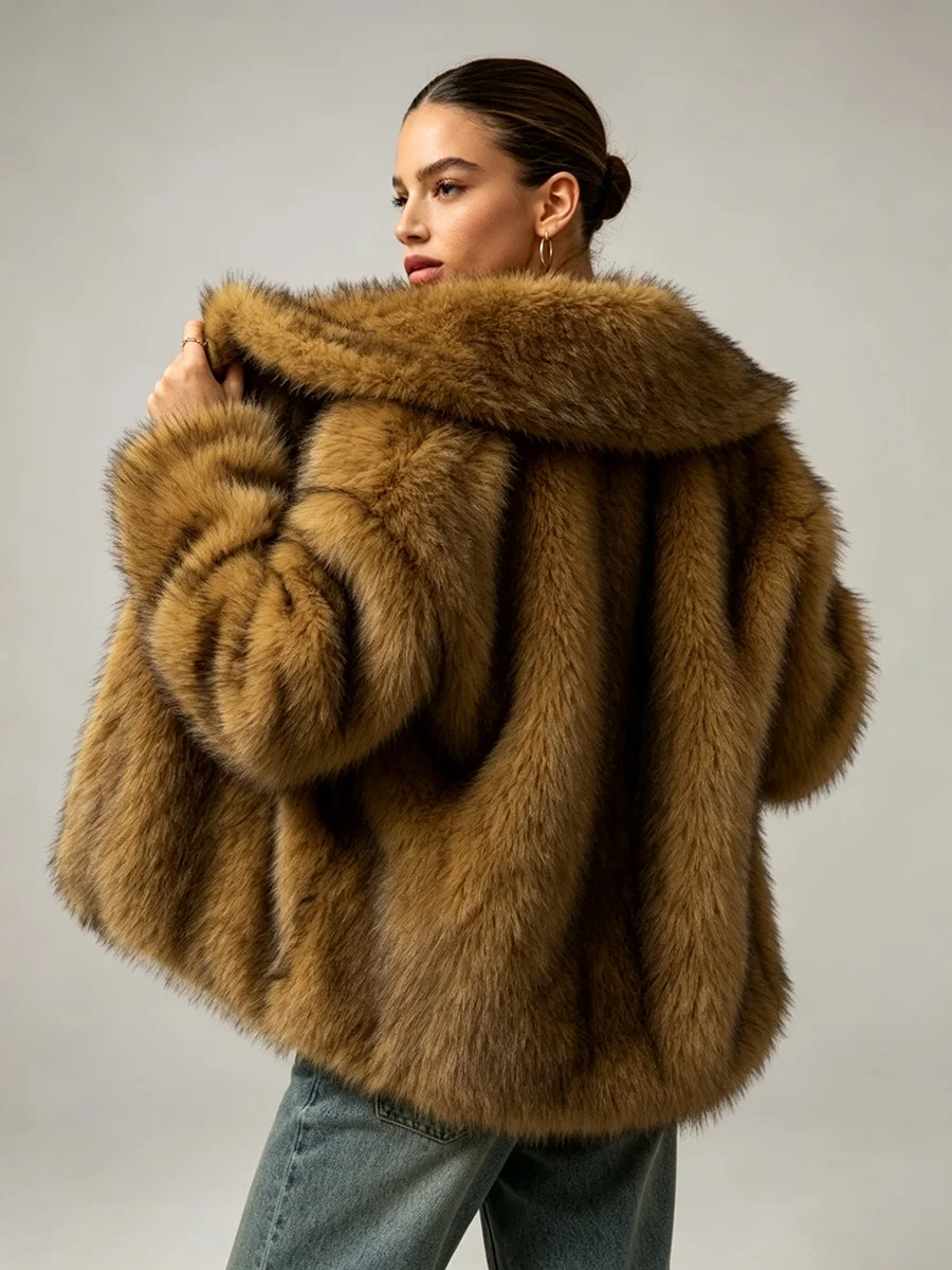 PUAL Women  Faux Fur Short Jacket Wide Lapel Collar Open Front Long Sleeve Warm Furry Coat Winter Casual Ladies Outerwear
