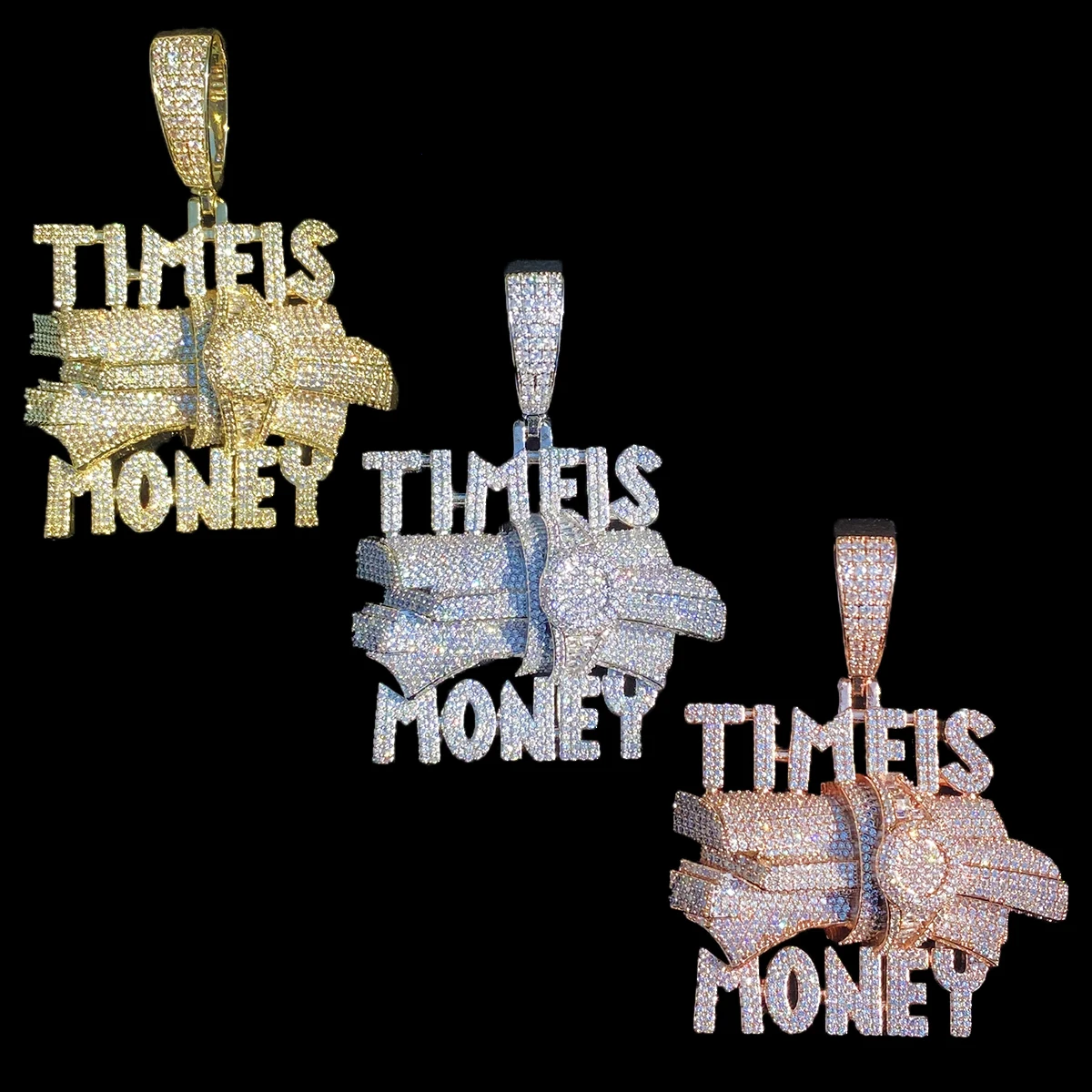 Aokaishen Iced Out Time is Money Necklace Pendant for Men Prong Setting Real Gold Plated Hip Hop Jewelry