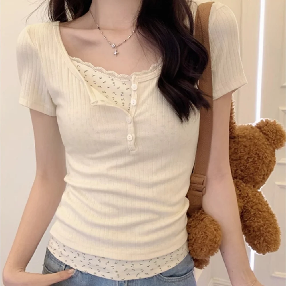 Summer False Two-piece Floral Lace U-neck Slim Inner Top Temperament Commuting Simple Versatile Women's Short Sleeve Top