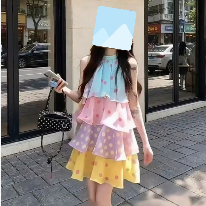 Picture 6: Beach Vacation Style Sleeveless Hanging Neck Cake Skirt 2026 Summer New Fashionable Dopamine Colored Polka Dot Dress for Women