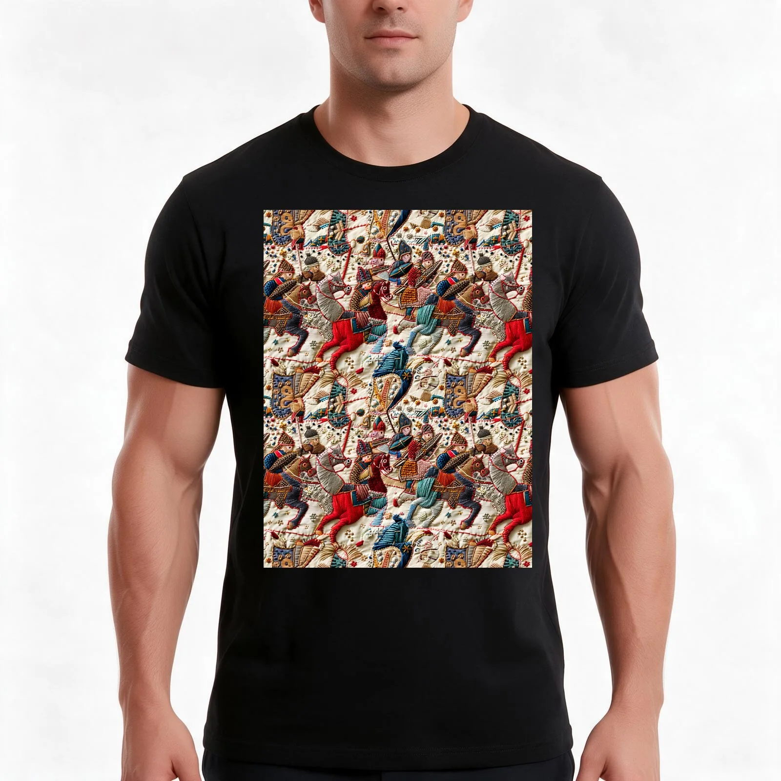 Bayeux tapestry pattern 13 T-Shirt Summer Casual Cotton Tee Oversized Streetwear Tops Vintage Graphic Print Unisex Men Women