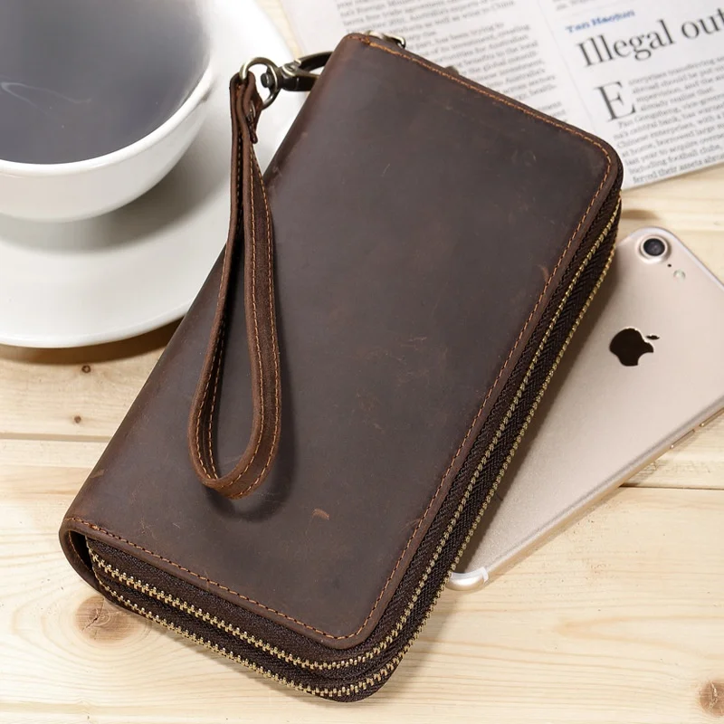 Handmade Long Wallet Top Layer Cowhide Retro Men's Clutch Bag Zipper Closure Leather Purse with Multiple Compartments