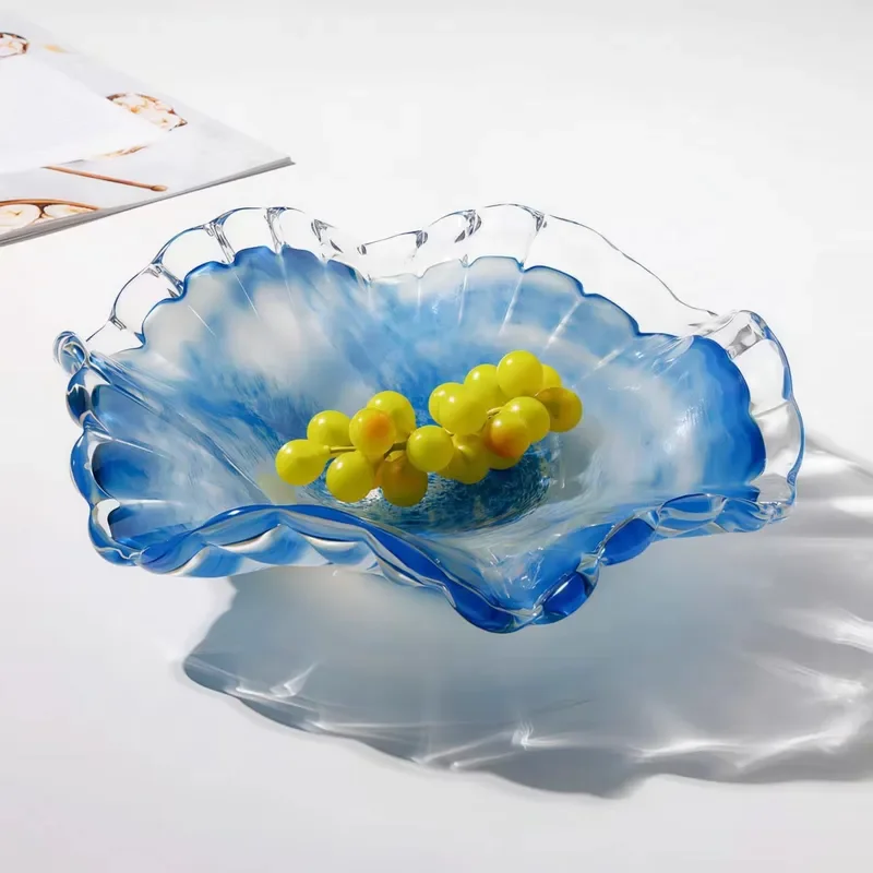Modern Blue Glazed Ceramic Vase Decorative Fruit Plate for Living Room Coffee Table Hotel Lobby Luxury Home Soft Decoration