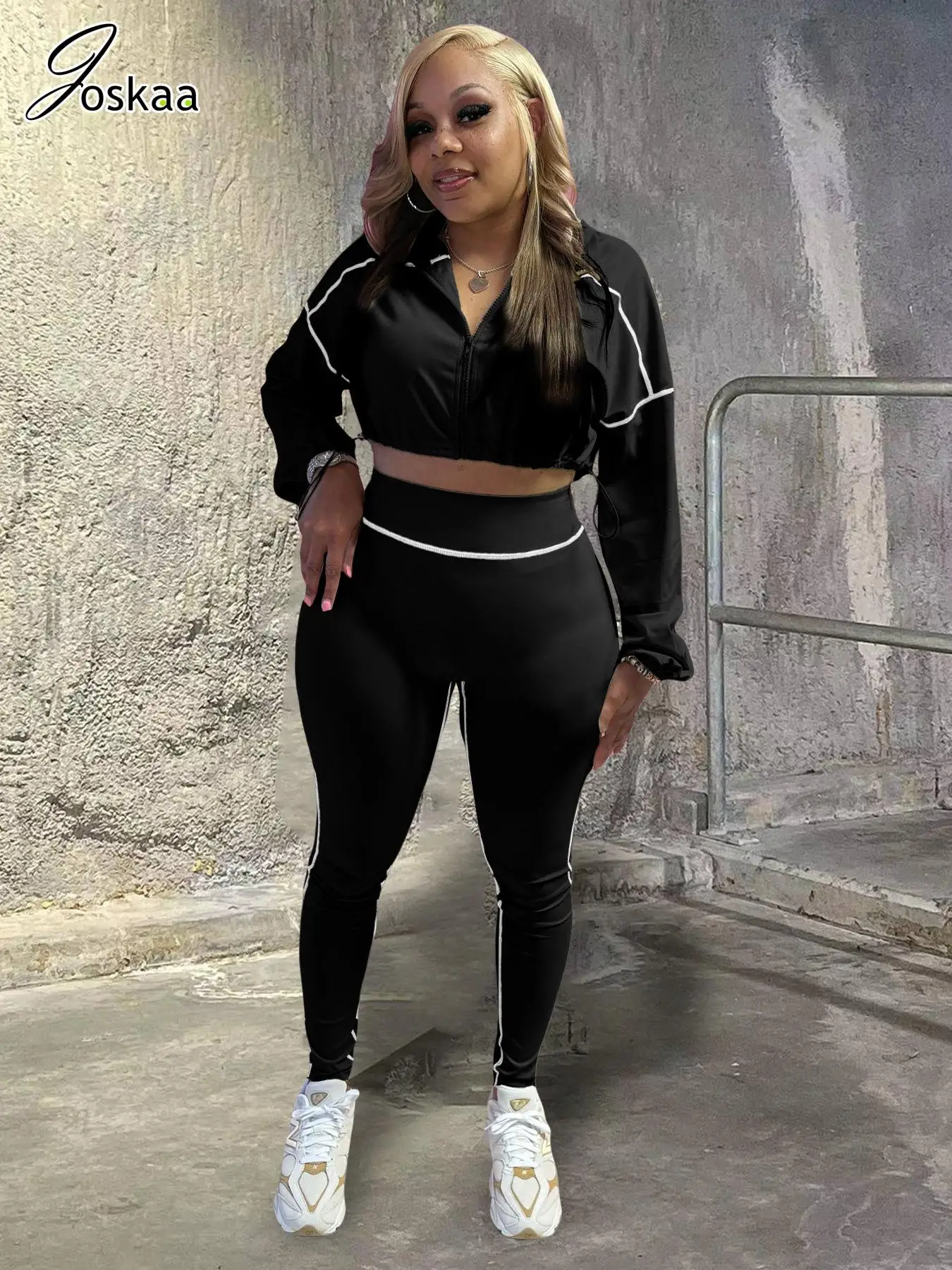 

Joskaa 2025 Women's Sporty Two Piece Set Casual Full Sleeve Elastic Waist Zip-Up Top + Skinny Pants Matching Fitness Tracksuit