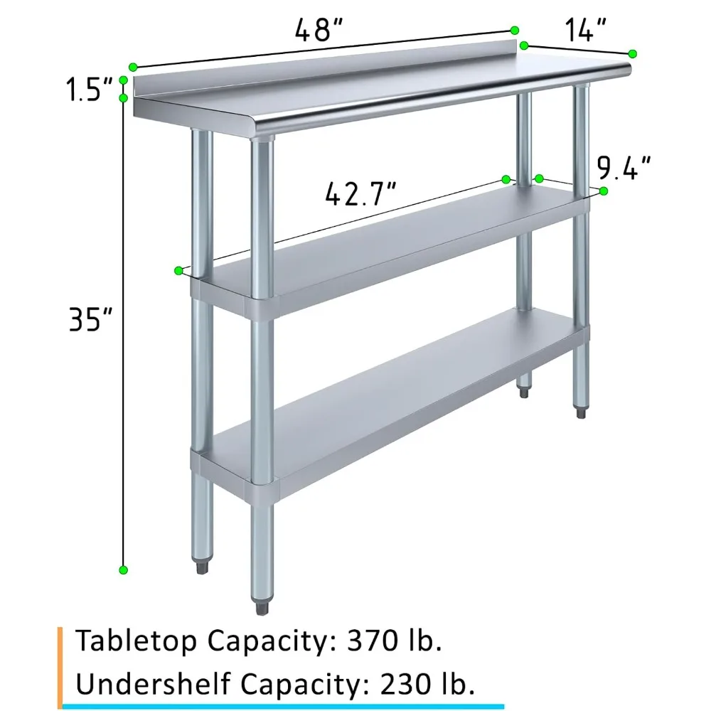 Stainless Steel Work Table with 1.5" Backsplash and 2 Shelves Metal Kitchen Food Prep Table 48" Long x 14" Deep