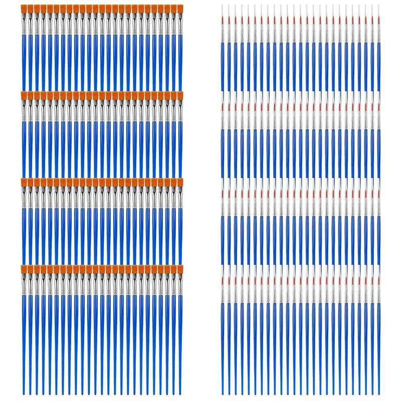 

100 Flat Paint Brushes And 100 Fine Detail Paint Brushes, Paint Brush For Acrylic Oil Tempera Watercolor Paints