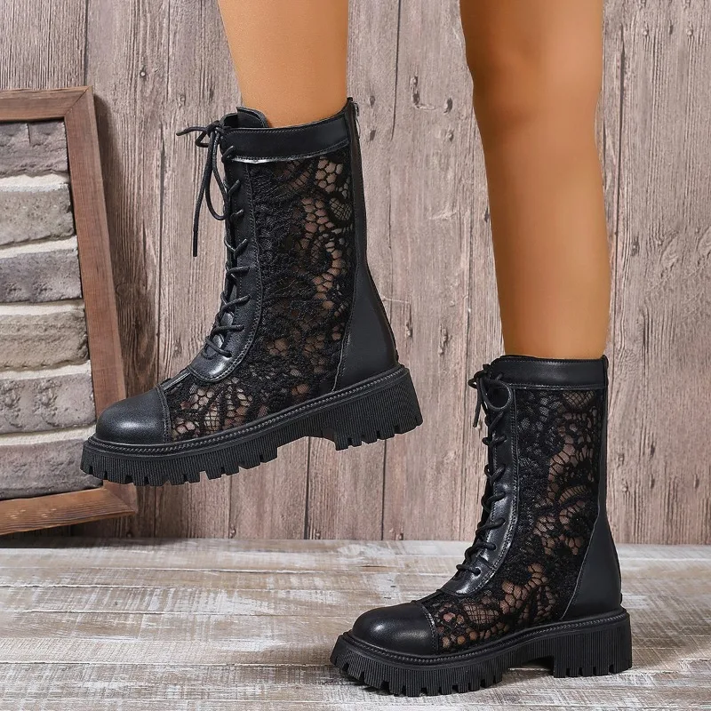 Cutout Booties Women Spring Summer Thin 2025 Breathable Mesh Platform Versatile Lace-up Block Heel Shoes