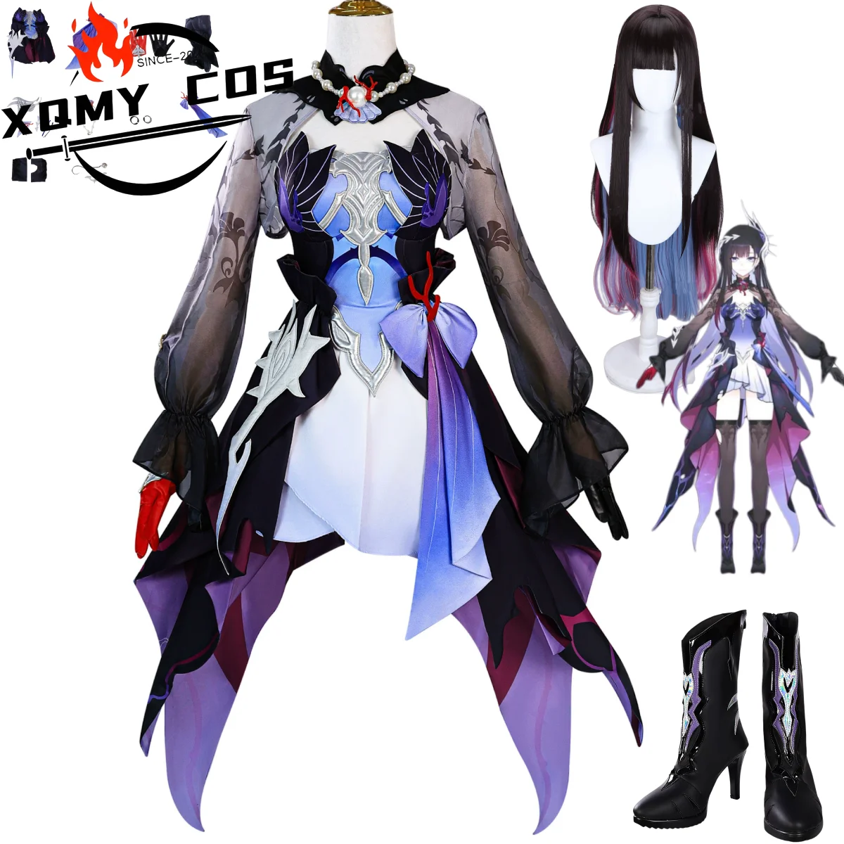 

XqGame Honkai：Star Rail Hysilens Cosplay Costume Anime Helektra Purple Dress Lolita Wig Shoe Woman Sexy Birthday Party Suit