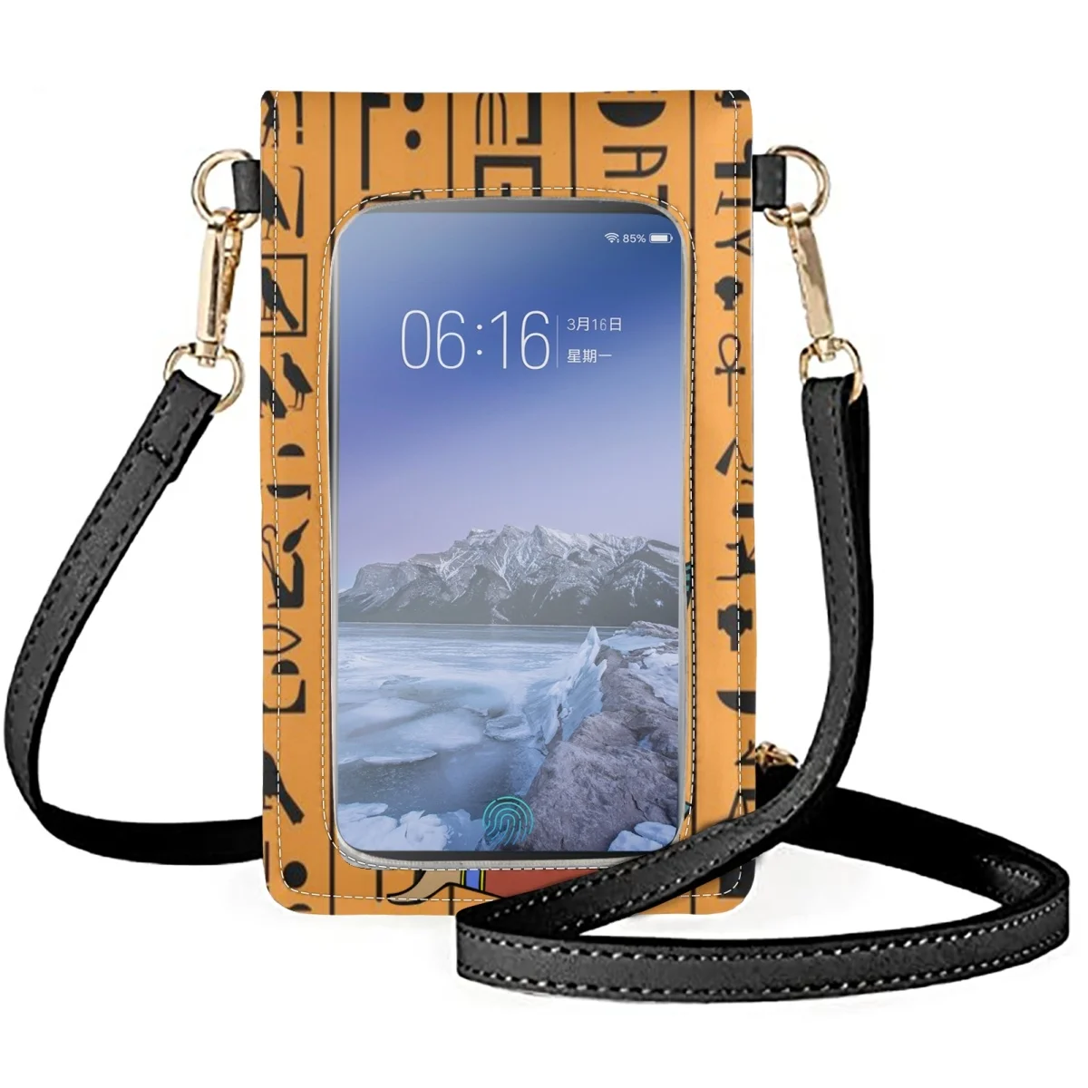 FORUDESIGNS Hieroglyph Design Lady Cellphone Bag Ancient Egyptian Art Leather Shoulder Messenger Flip Cover Multipurpose Satchel