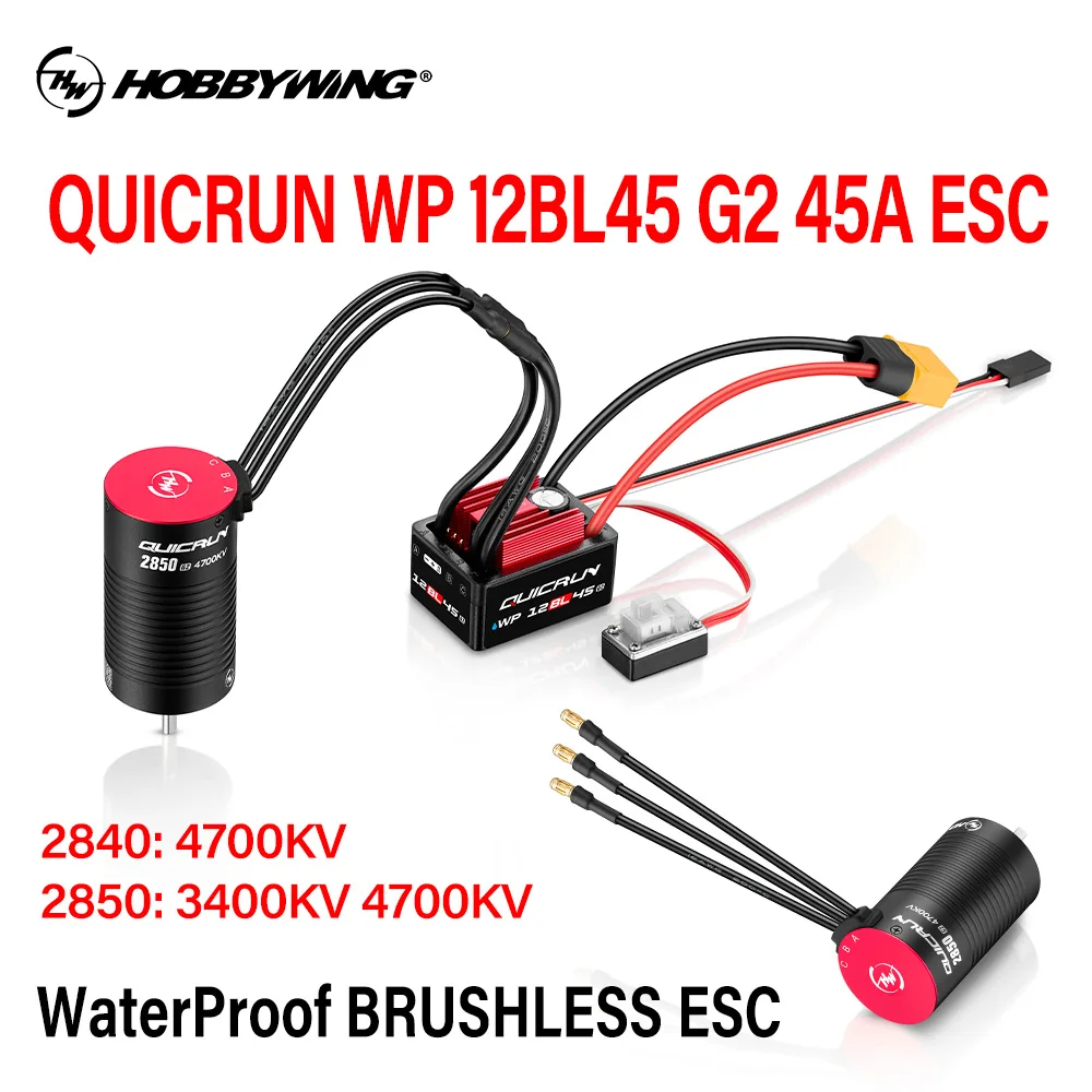 

HOBBYWING Brushless Sensorless Combo QUICRUN 2840 2850 Motor 12BL45 G2 45A ESC Shaft WaterProof For 1/12 1/14 1/16 RC Cars