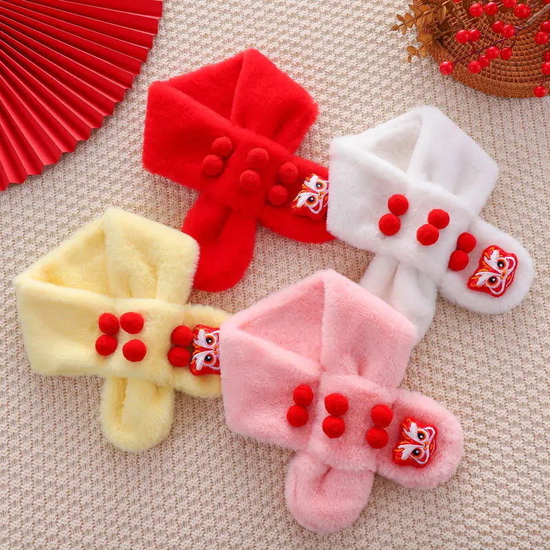 New Year Red Scarf for Boy Girl Cute Cartoon Thick Plush Winter Anti-Cold Cross Neckerchief Outdoor Windproof Kids Neck Covers