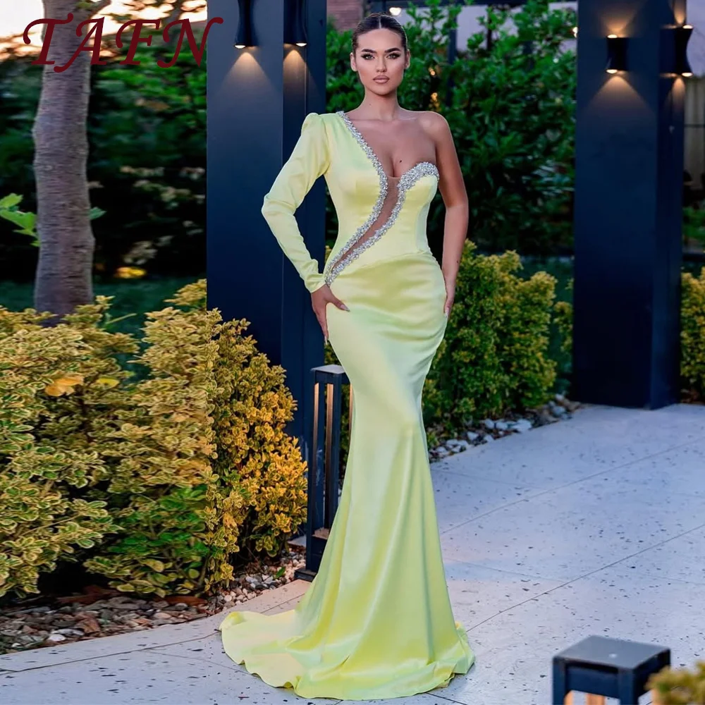 

TAFN Elegant Light Green Mermaid Evening Dress Draped Satin Crystals One-Shoulder Wedding Birthday Party Gowns Customized