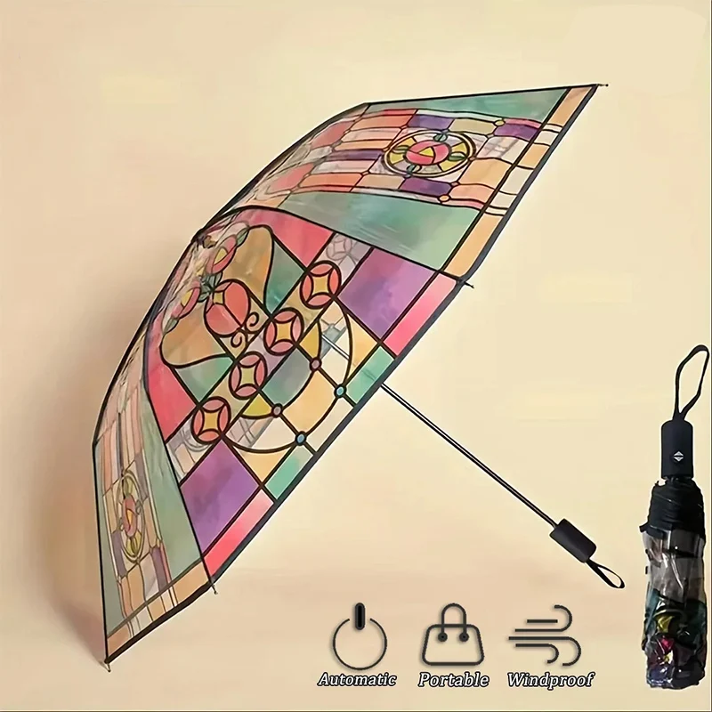 Kirche Retro Transparent Großer Regenschirm Buntglas Transparenter Regenschirm Automatisch Romantisch Sonnig Doppelte Verwendung von Regen und Licht