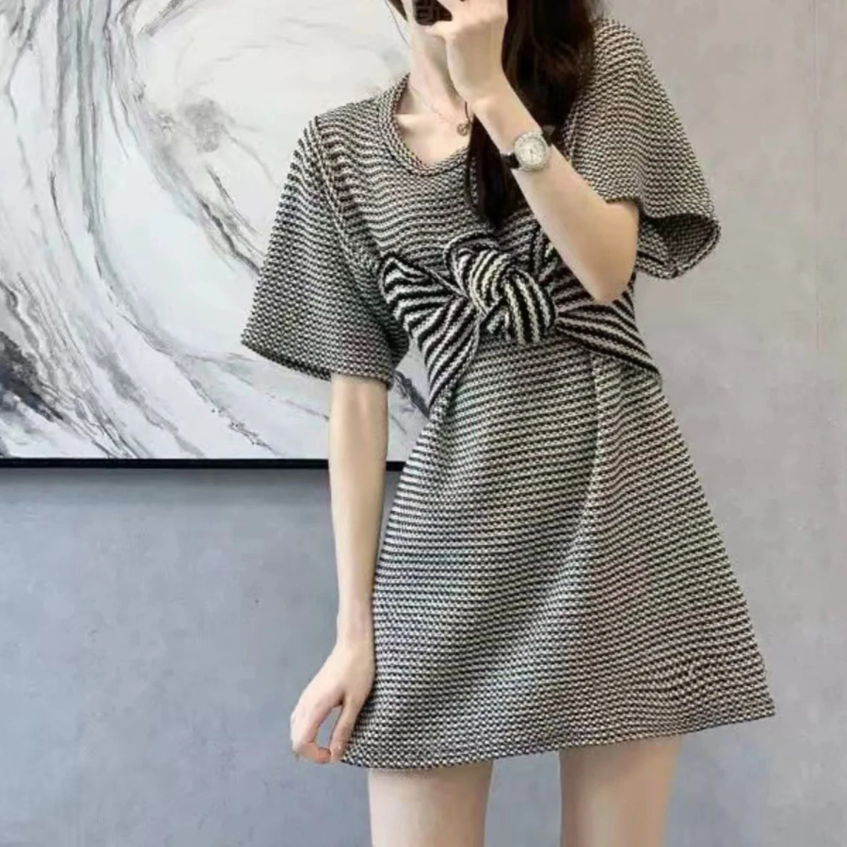 Women Bow Striped T-shirt Dress Summer Fashion Round Collar Short Sleeve Mini Dresses 2025 New Style Slim Fit Design