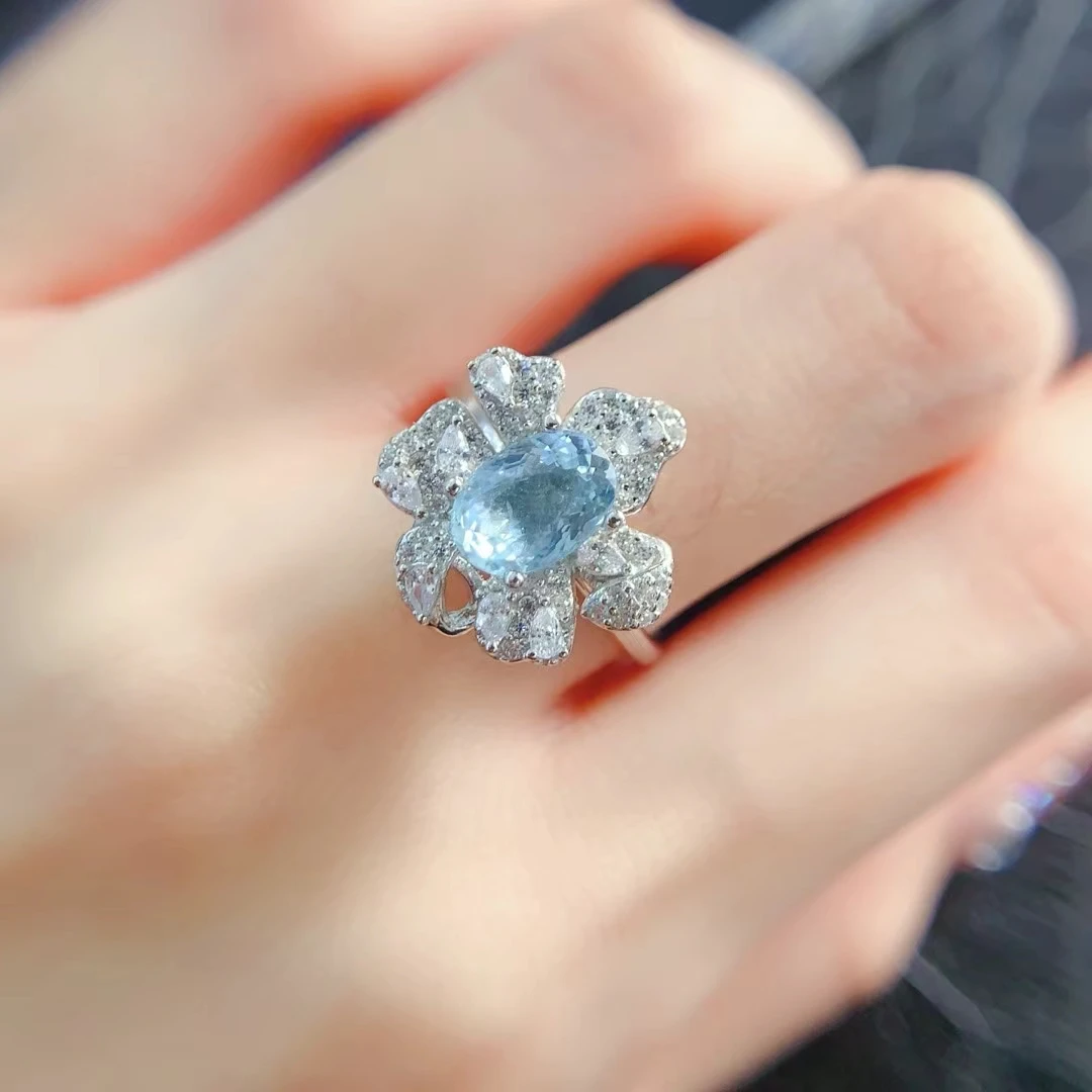 KJJEAXCMY Natural Aquamarine Ring S925 silver , electroplated locking color process, high clarity Full of luster Support testing