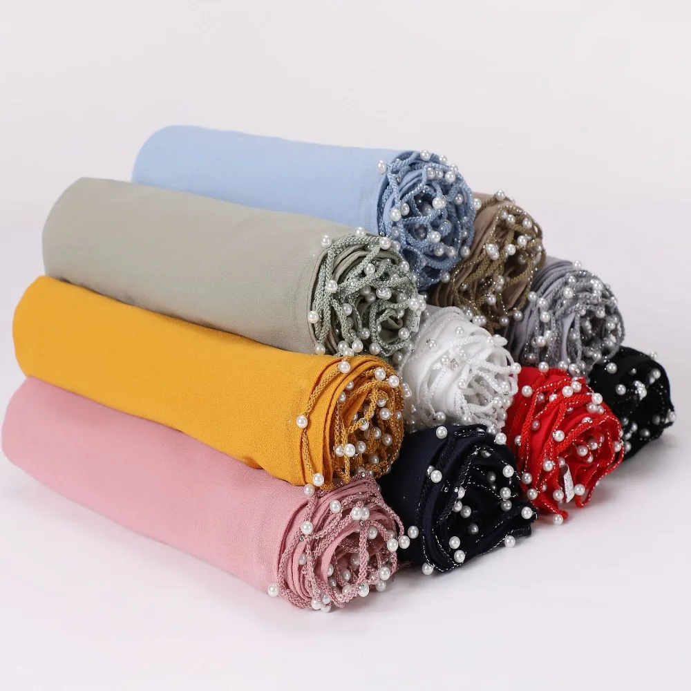 

​Elegant​​ ​​Solid Color Women Plain Scarf Wavy Edge ​Pearl & Chain Female Sunscreen Shawl Chiffon ​​Rhinestone Turban​​