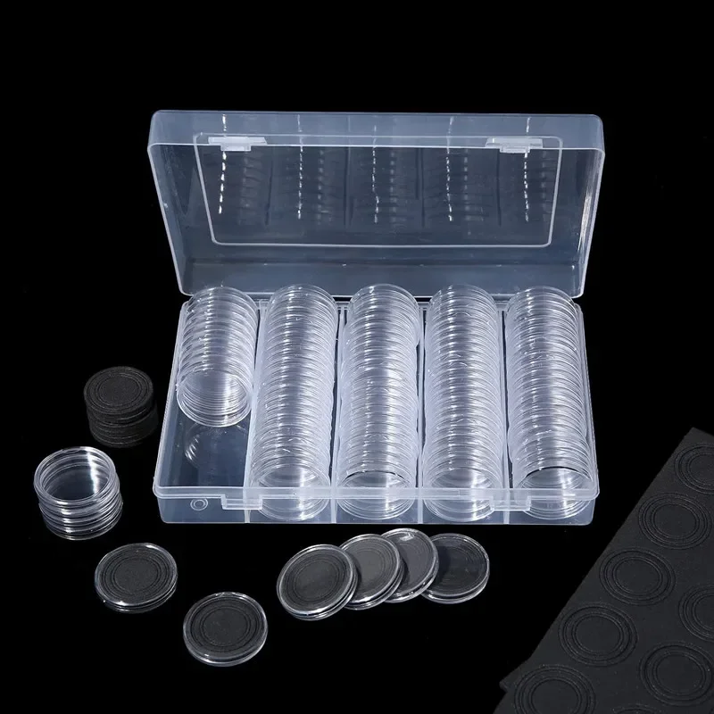 For Coin Collection 100pcs 30mm Coin Capsules 5 Sizes 17/20/25/27/30mm Protect Gasket Coin Holder Case with Plastic Storage Box