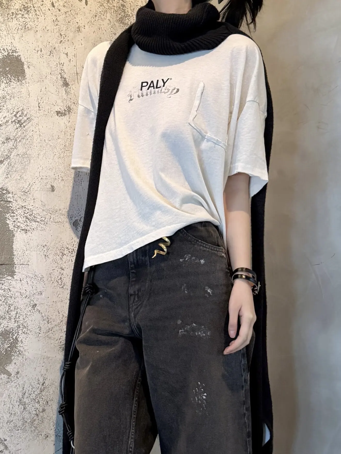 Paly Hollywood 26ss PALY Print Single Pocket Destroy Old Boxy Short Sleeve T-Shirt