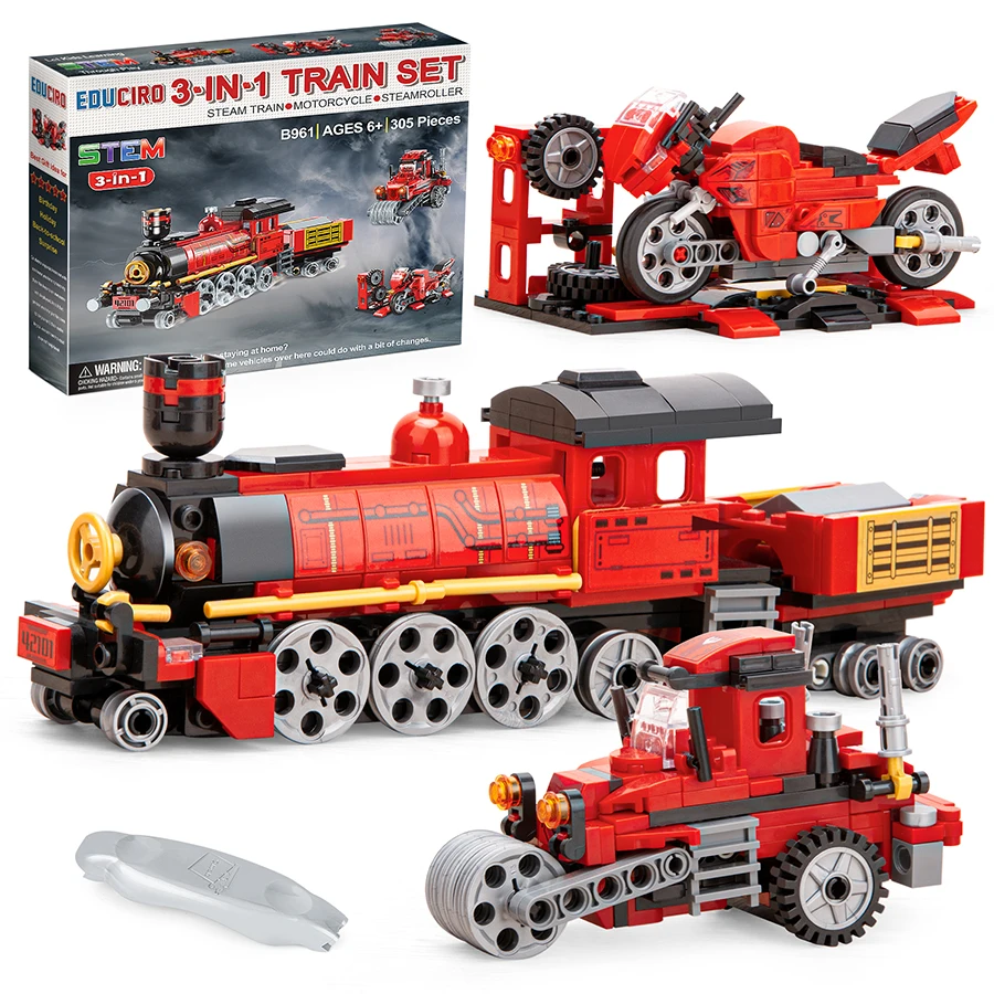 Toys Train Sets, 3 in 1 Building kit Steam Train Motorcycle Tractor for Kids,Creative Play