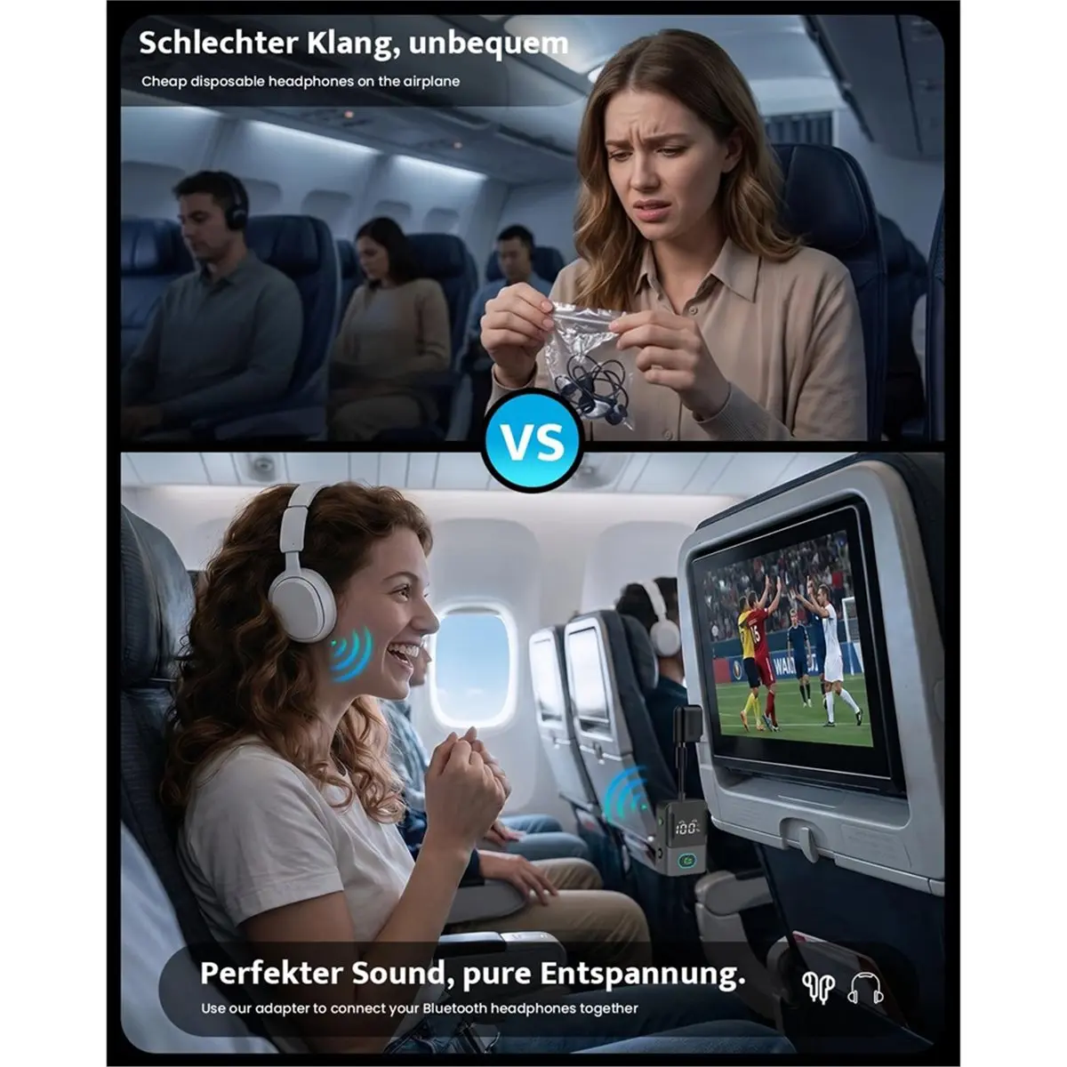 Bluetooth 5.3 Aeroplane Adapter with AUX Jack 2-in-1 TX RX Transmitter Receiver for Car TV, Dual Pairing 2 Headphones