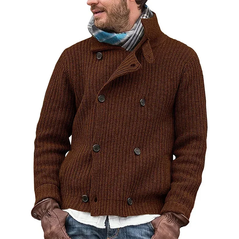 2024 New European Style Plus Size Men's Autumn and Winter Solid Color Buttoned Knitted Lapel Double-breasted Cardigan Jacket.