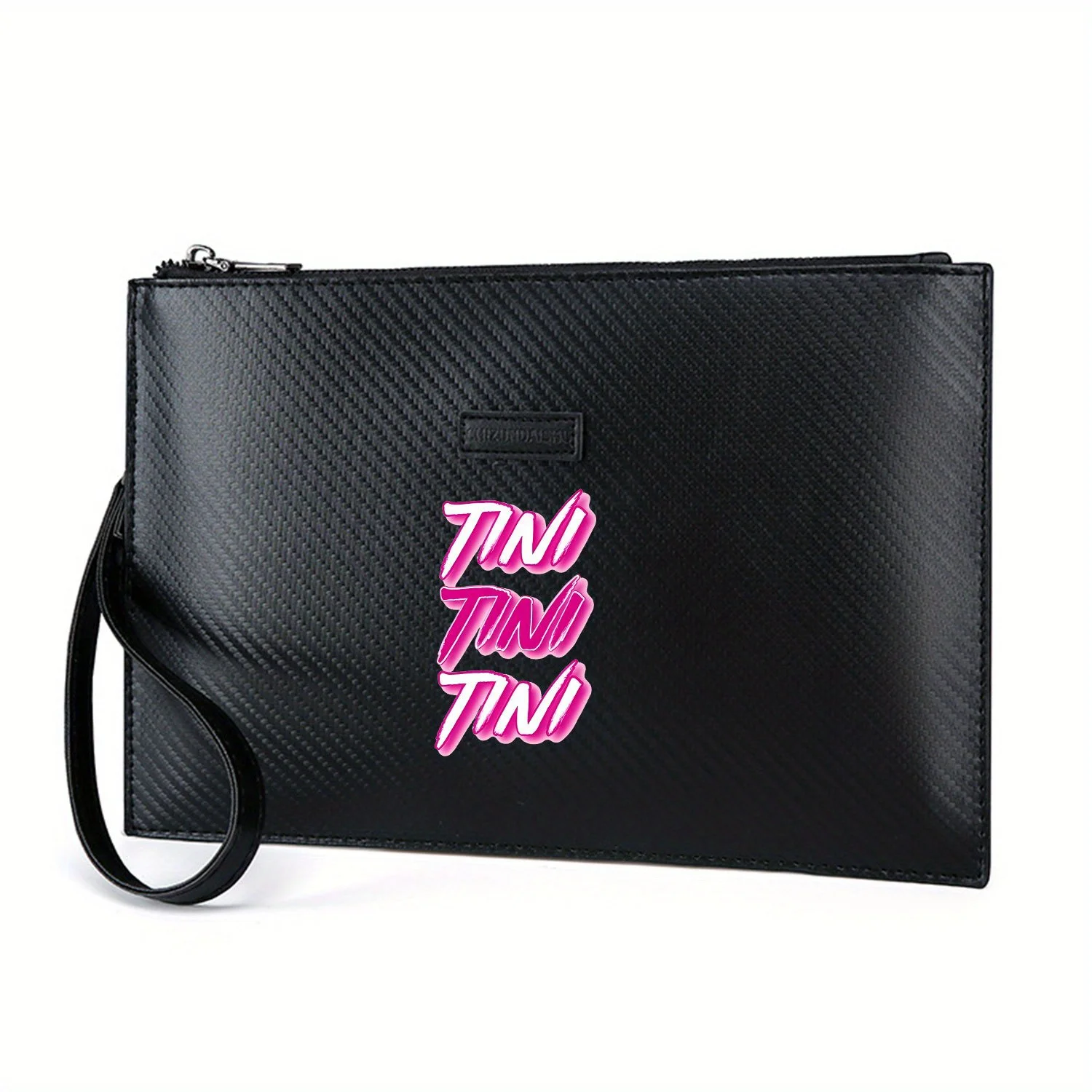 ตัวอักษรสีชมพู มีเงาสีขาวรอบด้าน กระเป๋าถือผู้ชายพิมพ์ลาย PU หรูหรา ทันสมัยและใช้งานได้จริงสำหรับการพกพาในชีวิตประจำวัน