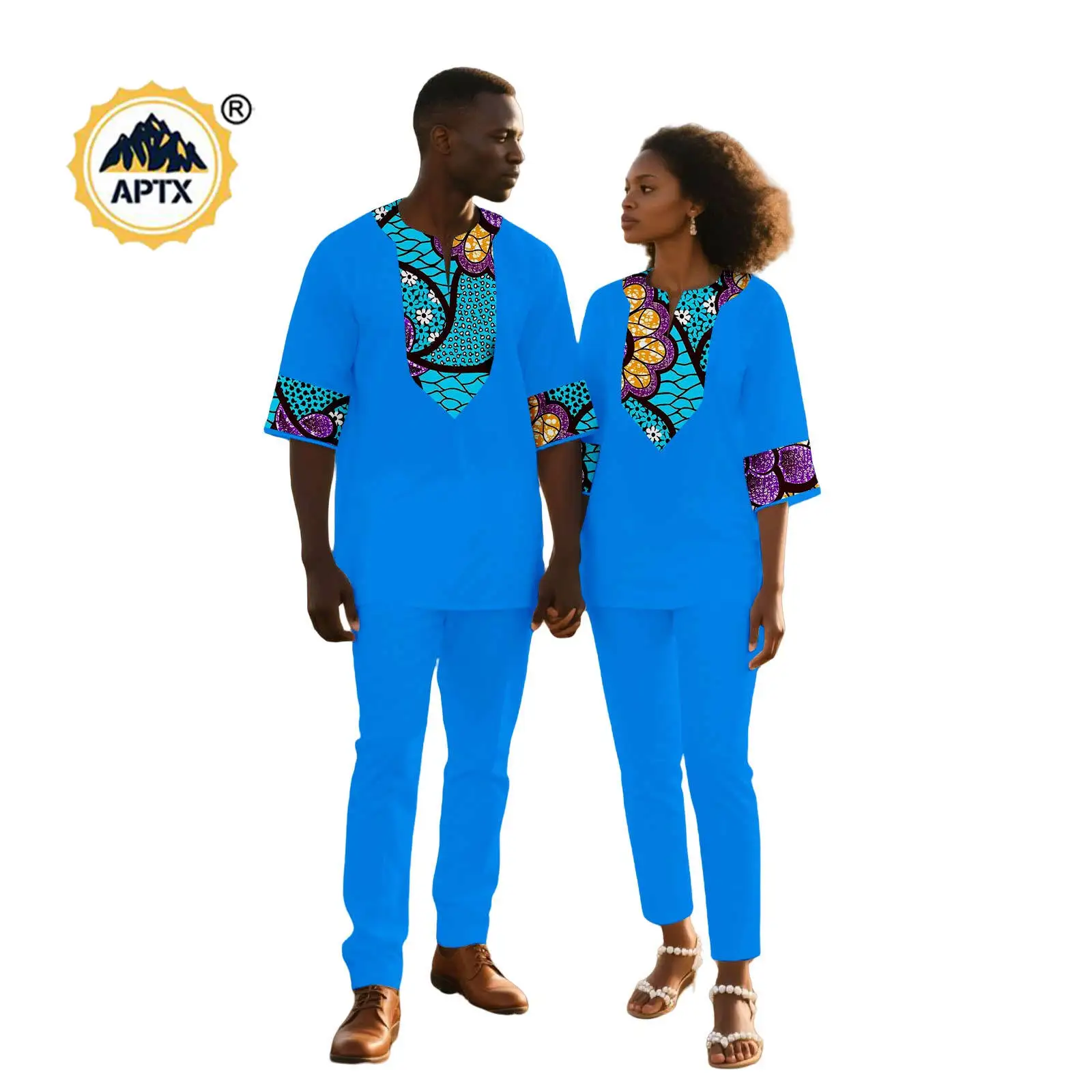 

African Clothes for Women Matching Couple Outfits African Clothes Dashiki Men Henley Neck Top Shirt and Pant Sets 25C053