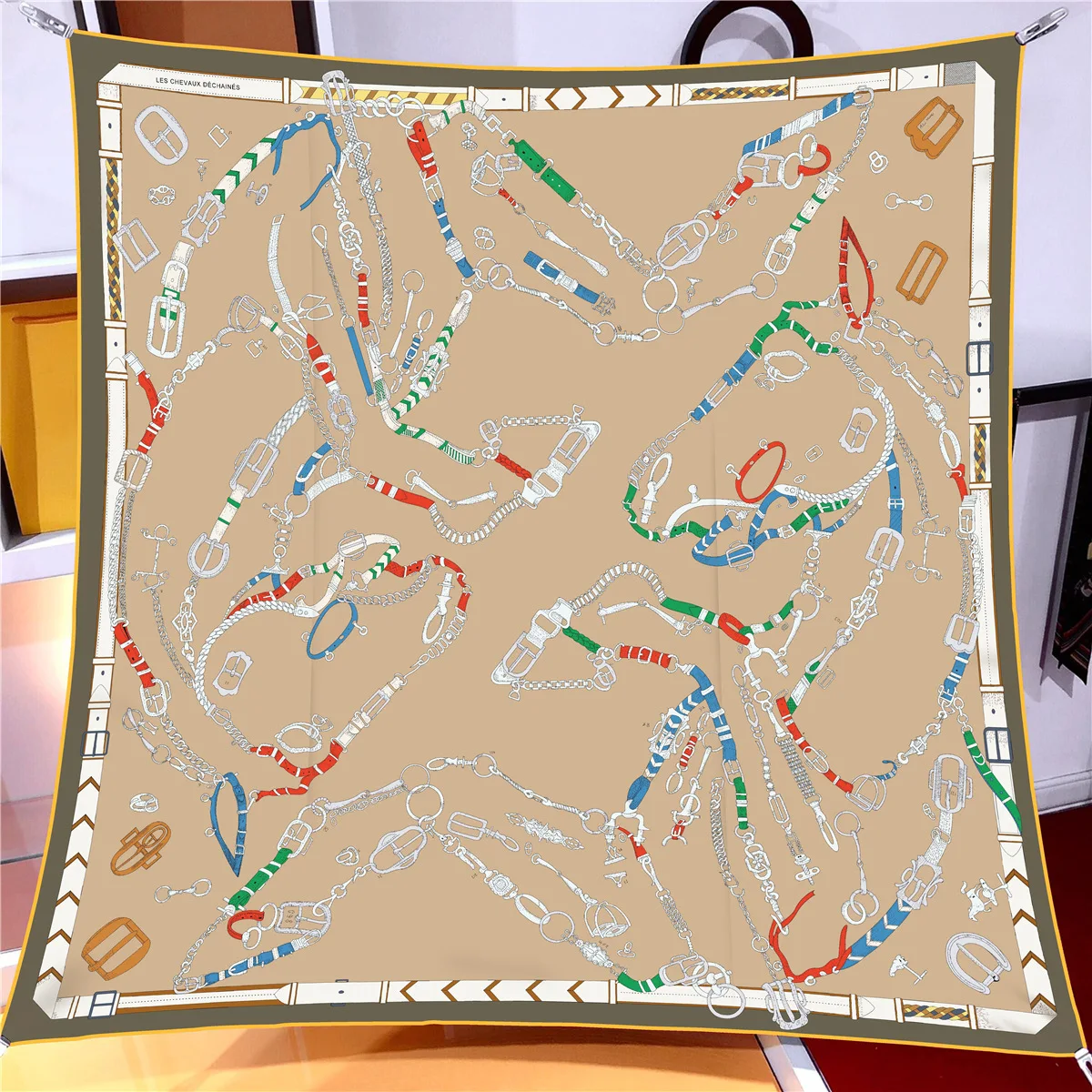 New 90cm Twill Silk Scarf Shawl Luxury Brand Chain Print Square Scarf Women Hijabs Bandana Foulard Neckerchief Head Scarves image 5