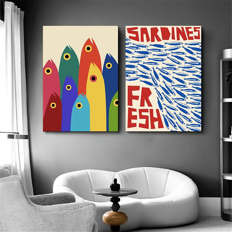 Modern minimalist cat catching fish decoration painting abstract canvas painting poster bedroom dining room hanging painting