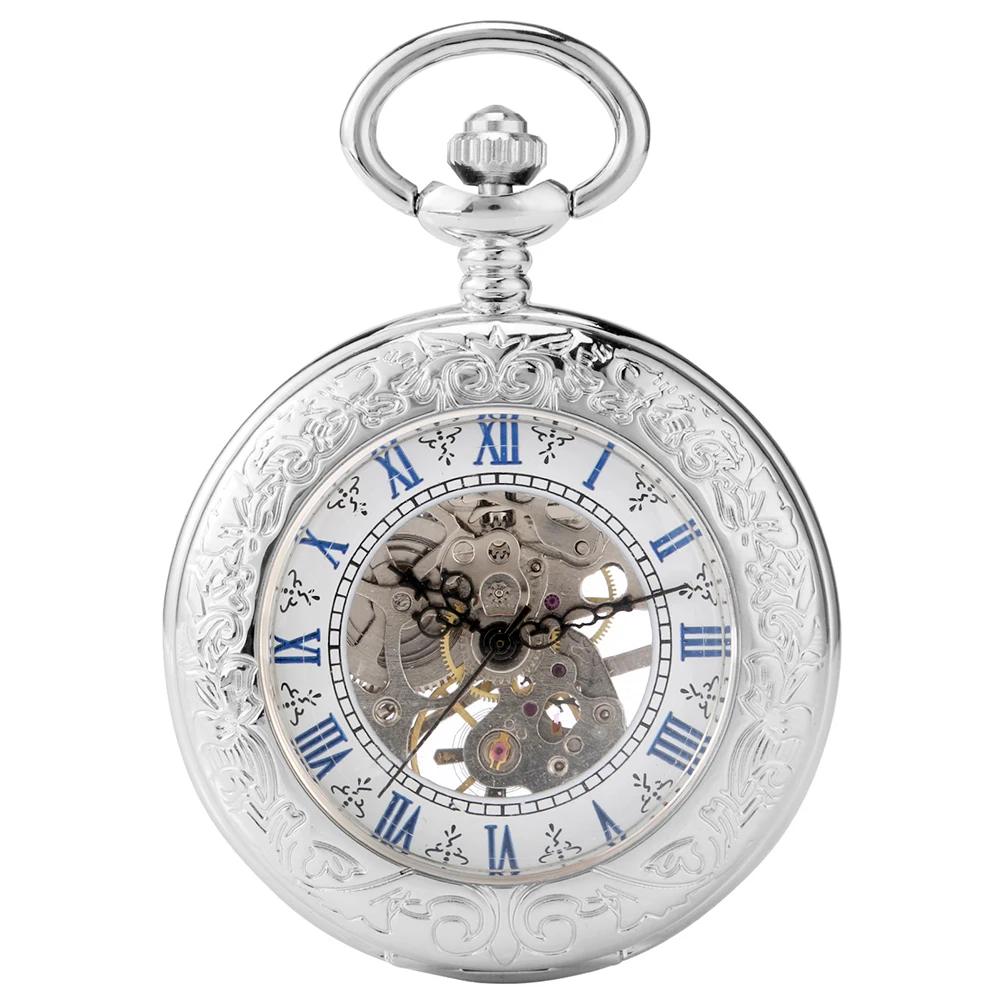 Fashion Blue Roman Numbers Dial Pocket Watches Hand-winding Silver Mechanical Pocket Watch Round Transparent Cover Pendant Gift