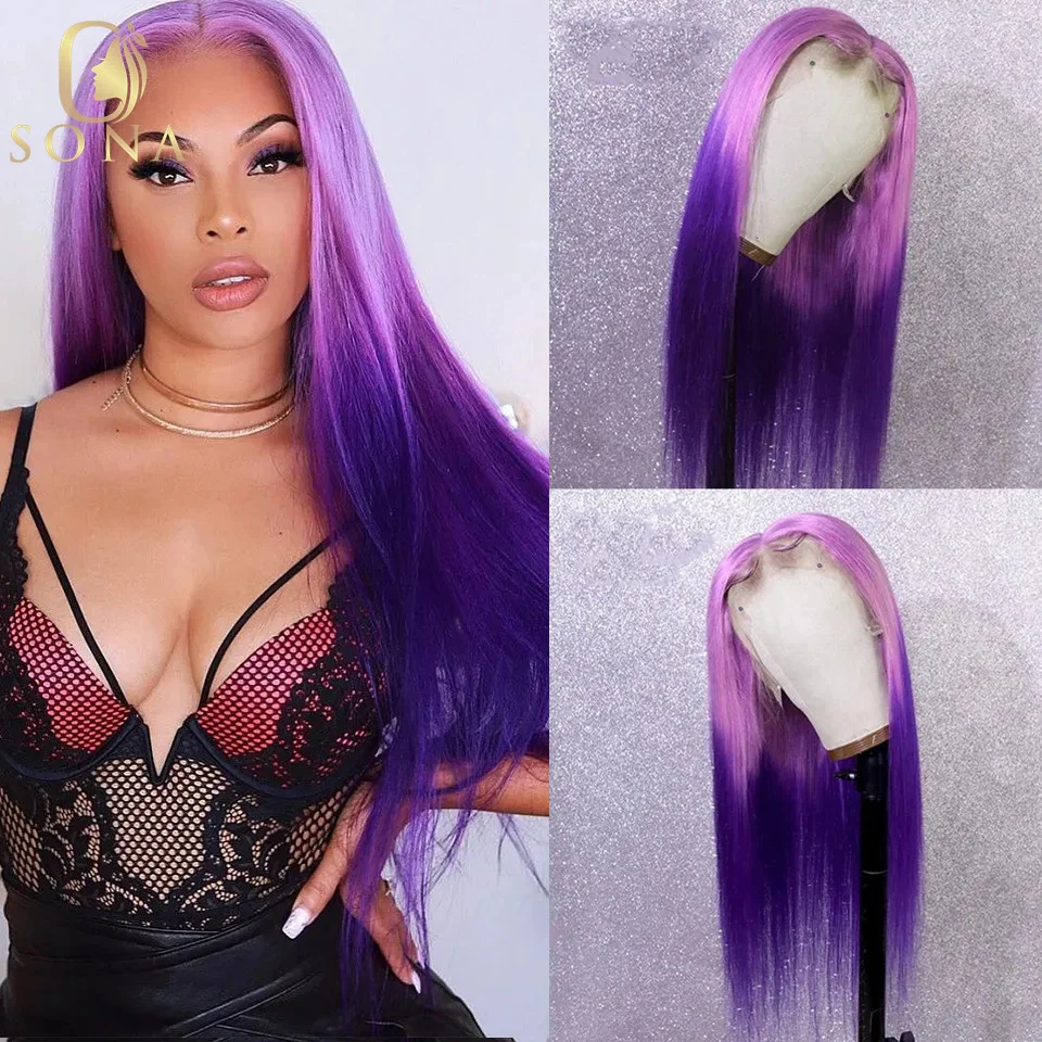 

Purple 2 Tones 13X6 13X4 HD Transparent Lace Frontal Wig Straight Ombre Orange Pink Yellow Human Hair Wigs For Women 32 34inch