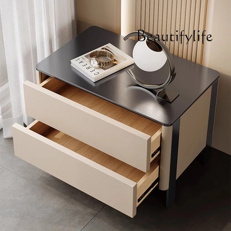 

yj9 Minimalist bedside table bedroom Italian light luxury solid wood leather home modern storage designer