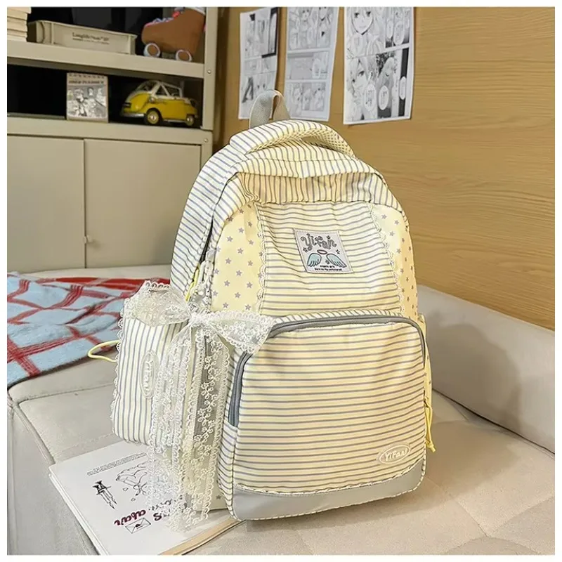 

Gray Striped Korean Backpack Women Patchwork Design Casual Teenage Bookbags Large Capacity Versatile College Student School Bag