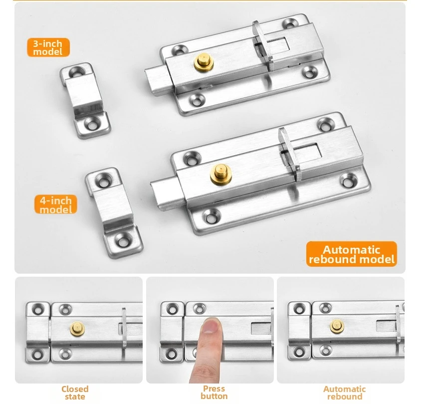 Spring Door Latch Bolt with Electroplated Stainless Steel Construction Featuring Two Way Manual Operation and Automatic Rebound